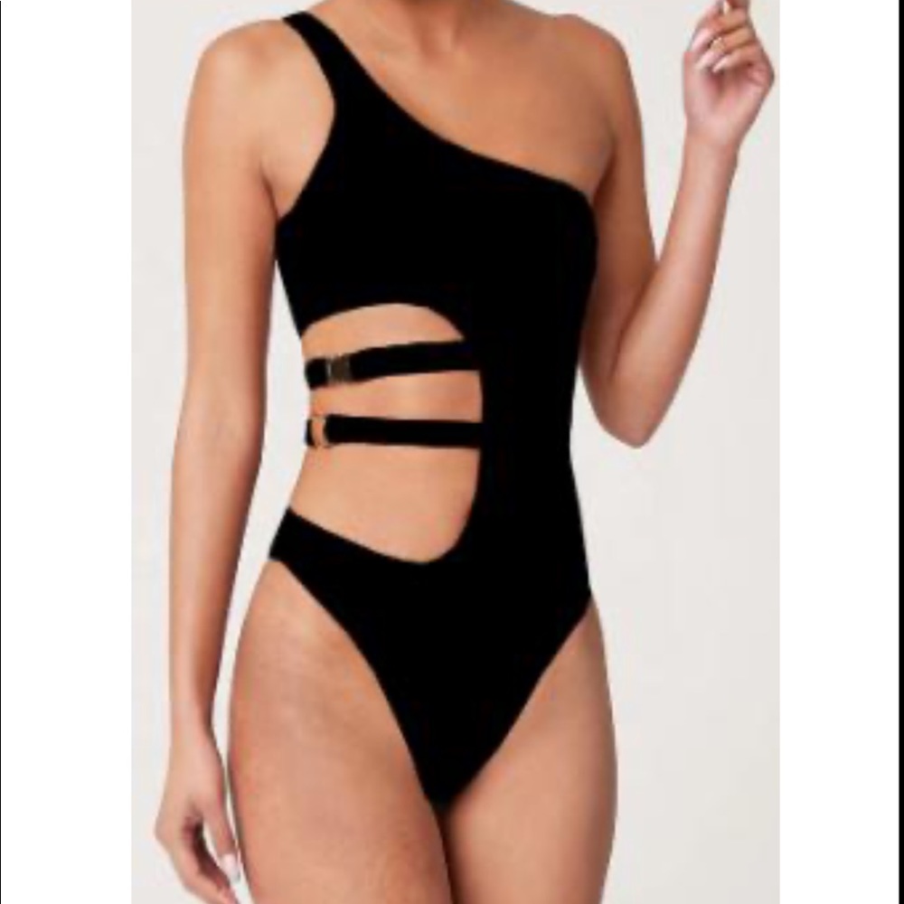 Black monokini with silver buckle accent